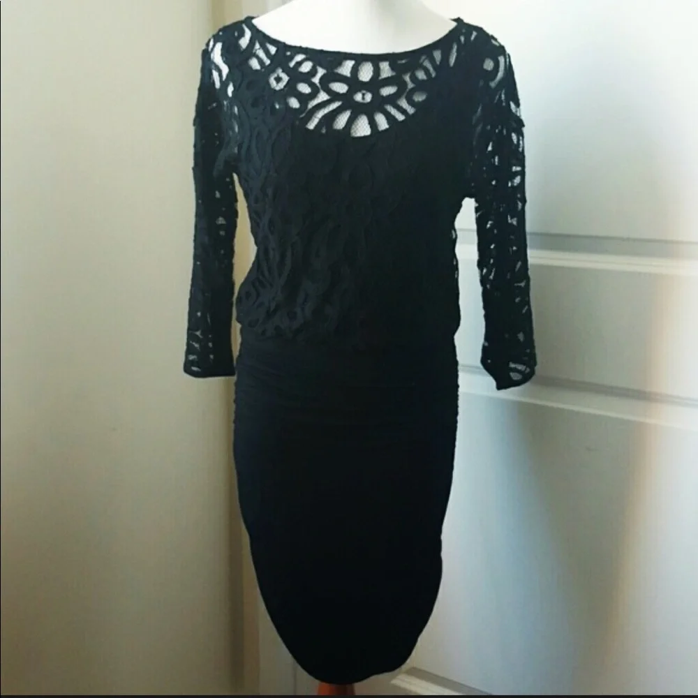 Velvet Black Lace Ruched Dress Medium A26 C38 - Picture 1 of 8